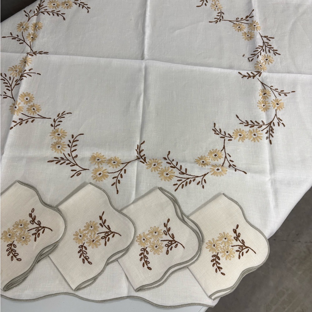 Vintage Embroidered Floral Tablecloth and Napkin Set